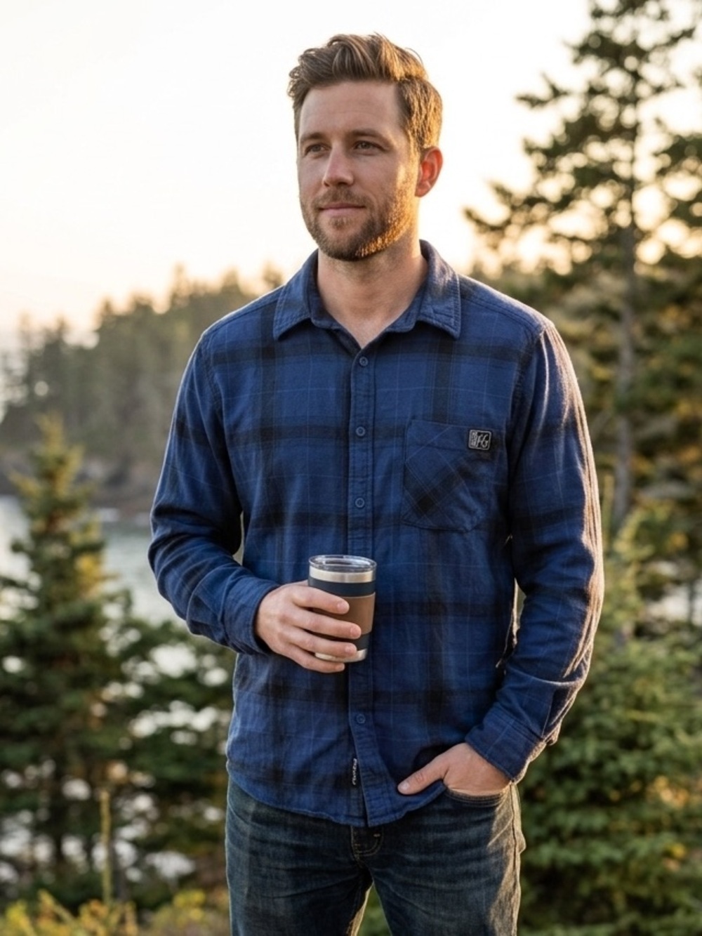 Fintech | Men's Navy Plaid Casual Button-Down Flannel Shirt | Sz L